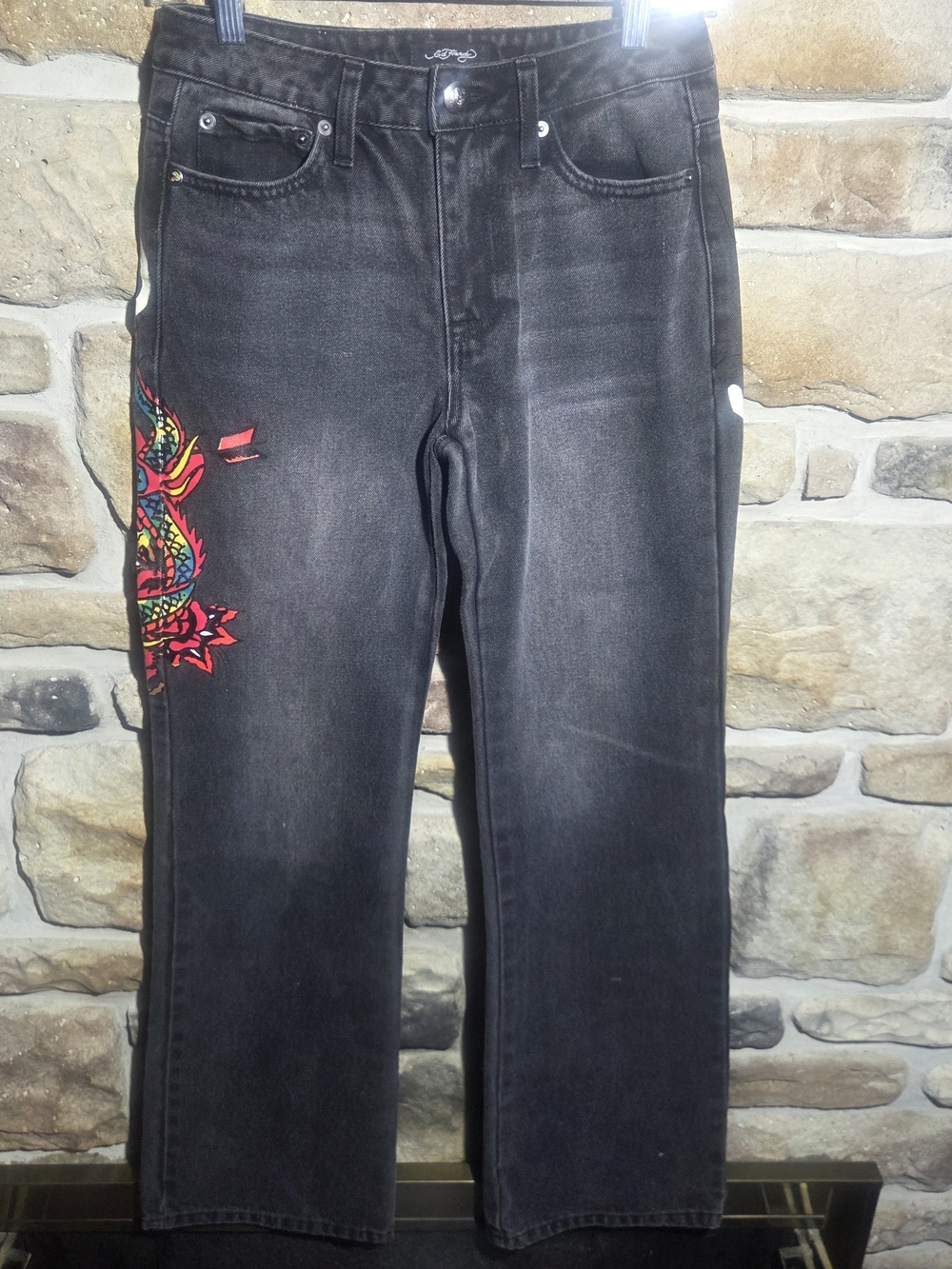 Ed Hardy Jeans Black Faded Denim Graphic Dragon Y2K Skate Streetwear 24x31